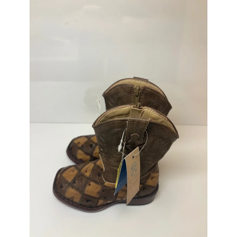Roper Toddler Boys Brown Tan Faux Ostrich Patchwork Cowboy Boots size 6